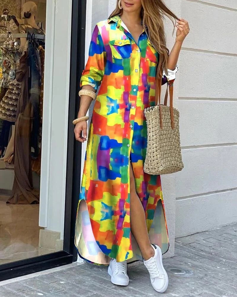 Women’s Maxi Dress – Relaxed Fit – Cotton Feel – Geometric Print – Button Front – Chest Pockets
