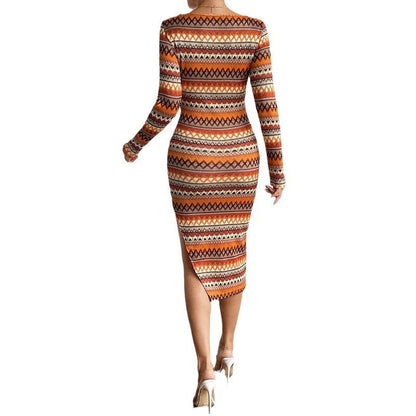 Women’s Midi Dress – Slim Fit – Knit Stretch – Scoop Neck – Long Sleeve – Geometric Pattern – Asymmetric Slit