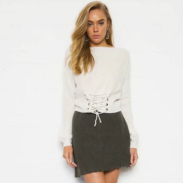 Women’s Knitted Sweater – Off Shoulder – Tie Waist – Relaxed Fit – Long Sleeve Casual