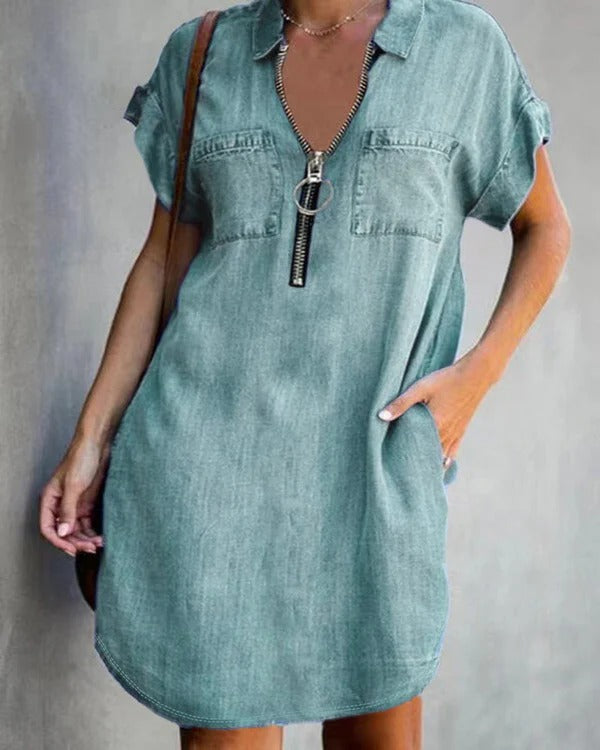 Women’s Denim Mini Dress – Relaxed Fit – Zipper Front – Short Sleeve – Utility Pockets