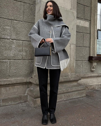 Women’s Wool Coat – Oversized Fit – Full Length – Button Front – Matching Scarf