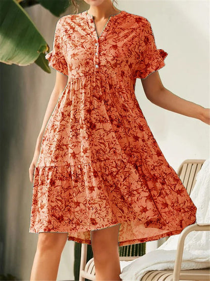 Women’s A-Line Dress – Lightweight Blend – Floral Print – Tiered – V-Neck