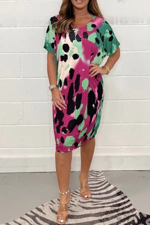 Women’s Midi Dress – Relaxed Fit – Lightweight Breathable – Watercolor Print – Short Sleeve
