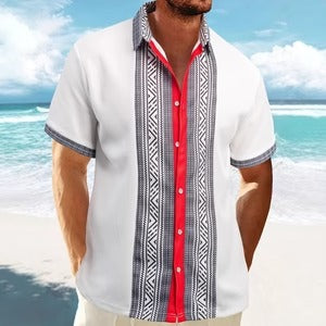 Men’s Short Sleeve Shirt – Relaxed Fit – Ethnic Print – Cotton – Button Down