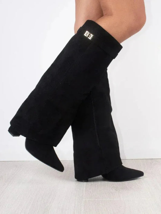 Women’s Knee-High Boots – Suede Texture – Block Heel – Pointed Toe – Buckle Accent