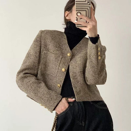 Women’s Cropped Blazer – Tailored Fit – Wool Texture – Gold-Tone Button Detail