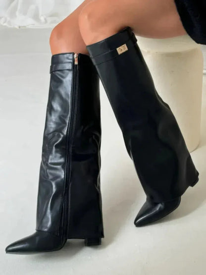 Women’s Knee-High Boots – Suede Texture – Block Heel – Pointed Toe – Buckle Accent