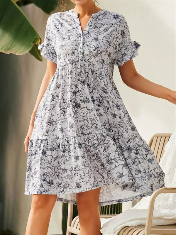 Women’s A-Line Dress – Lightweight Blend – Floral Print – Tiered – V-Neck
