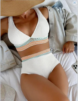 Women’s Bikini Set – High-Rise Fit – Ribbed Texture – Deep V Neck – Net Detail