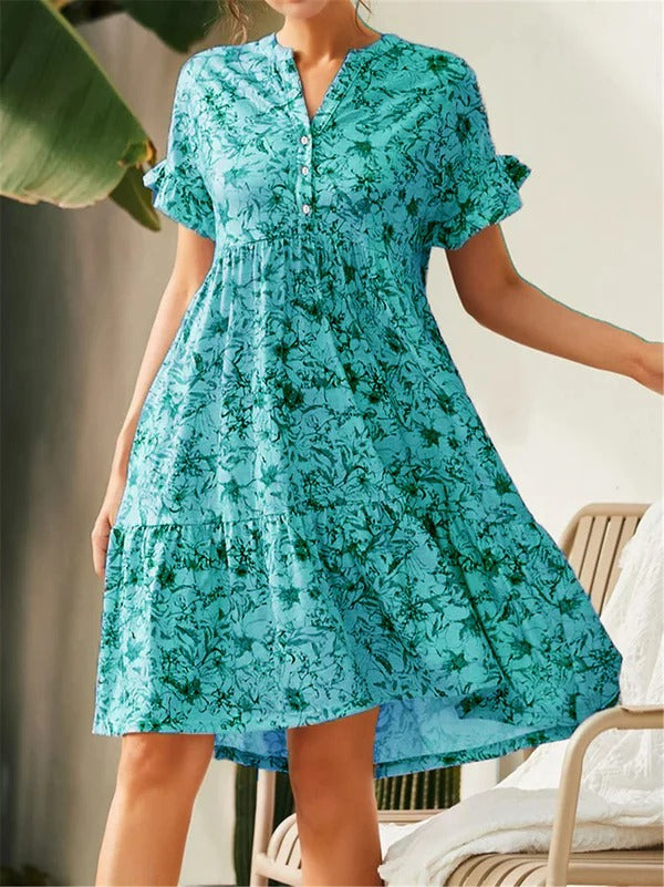 Women’s A-Line Dress – Lightweight Blend – Floral Print – Tiered – V-Neck