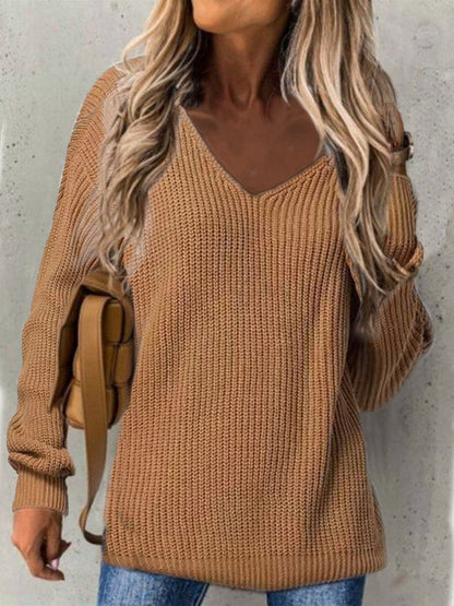 Women’s Knit Sweater – V-Neck – Loose Fit – Ribbed Texture – Long Sleeve Casual Wear