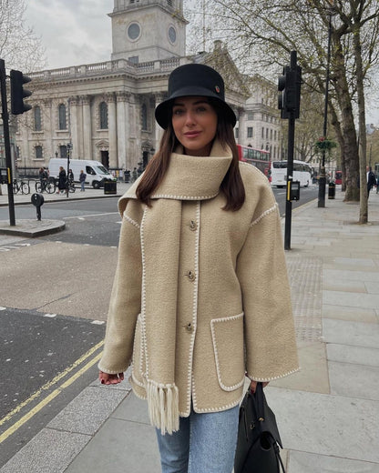 Women’s Wool Coat – Oversized Fit – Full Length – Button Front – Matching Scarf