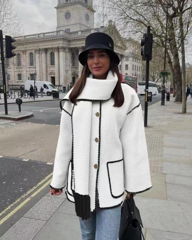 Women’s Wool Coat – Oversized Fit – Full Length – Button Front – Matching Scarf