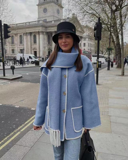 Women’s Wool Coat – Oversized Fit – Full Length – Button Front – Matching Scarf