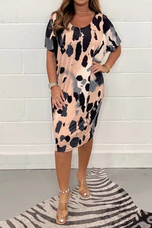 Women’s Midi Dress – Relaxed Fit – Lightweight Breathable – Watercolor Print – Short Sleeve