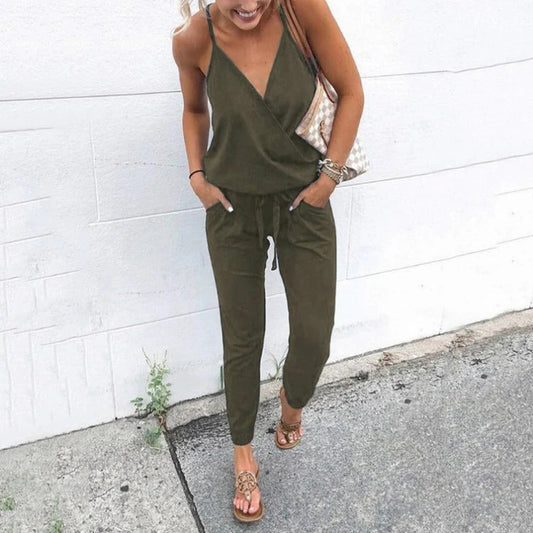 Women’s Jumpsuit – V-Neck – Adjustable Straps – Tapered Leg – Soft Breathable Fabric