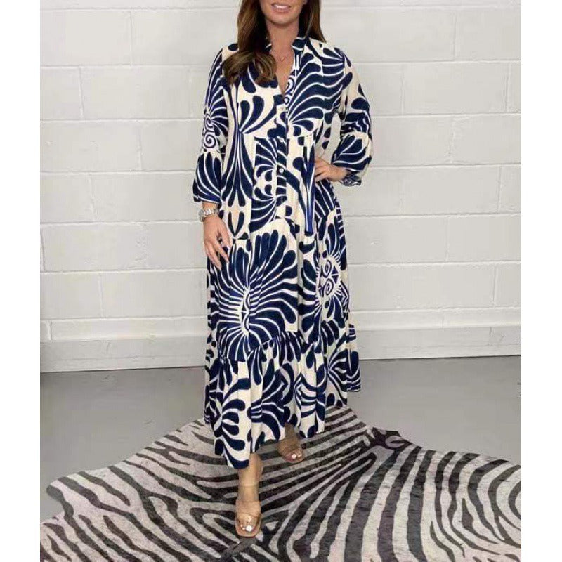 Women’s Midi Dress – Loose Fit – Chiffon – V-Neck – Printed – Pleated – 3/4 Sleeve