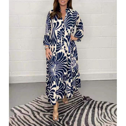 Women’s Midi Dress – Loose Fit – Chiffon – V-Neck – Printed – Pleated – 3/4 Sleeve
