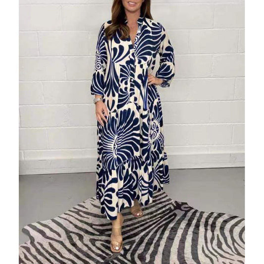 Women’s Midi Dress – Loose Fit – Chiffon – V-Neck – Printed – Pleated – 3/4 Sleeve