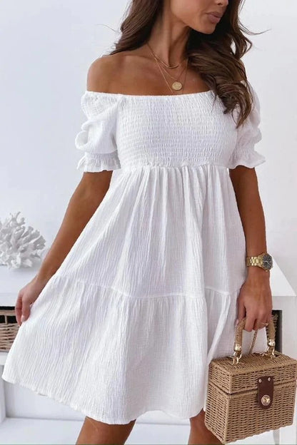 Women’s Off-Shoulder Dress – Relaxed Fit – Breathable Blend – Ruffle Detail – Knee Length