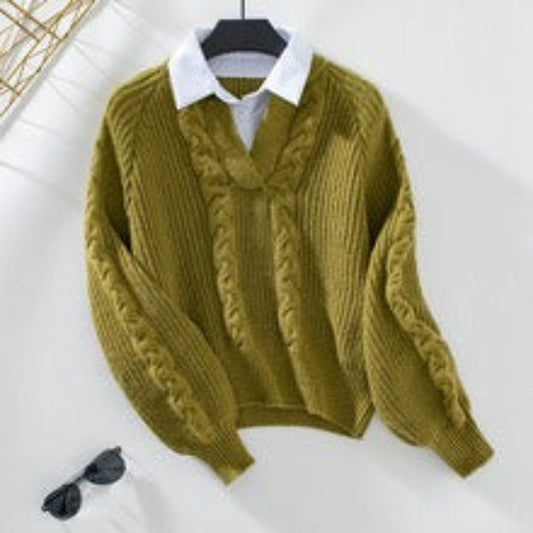 Women’s Knit Sweater – Relaxed Fit – Cable Knit – Balloon Sleeves – Shirt Collar Layered Look