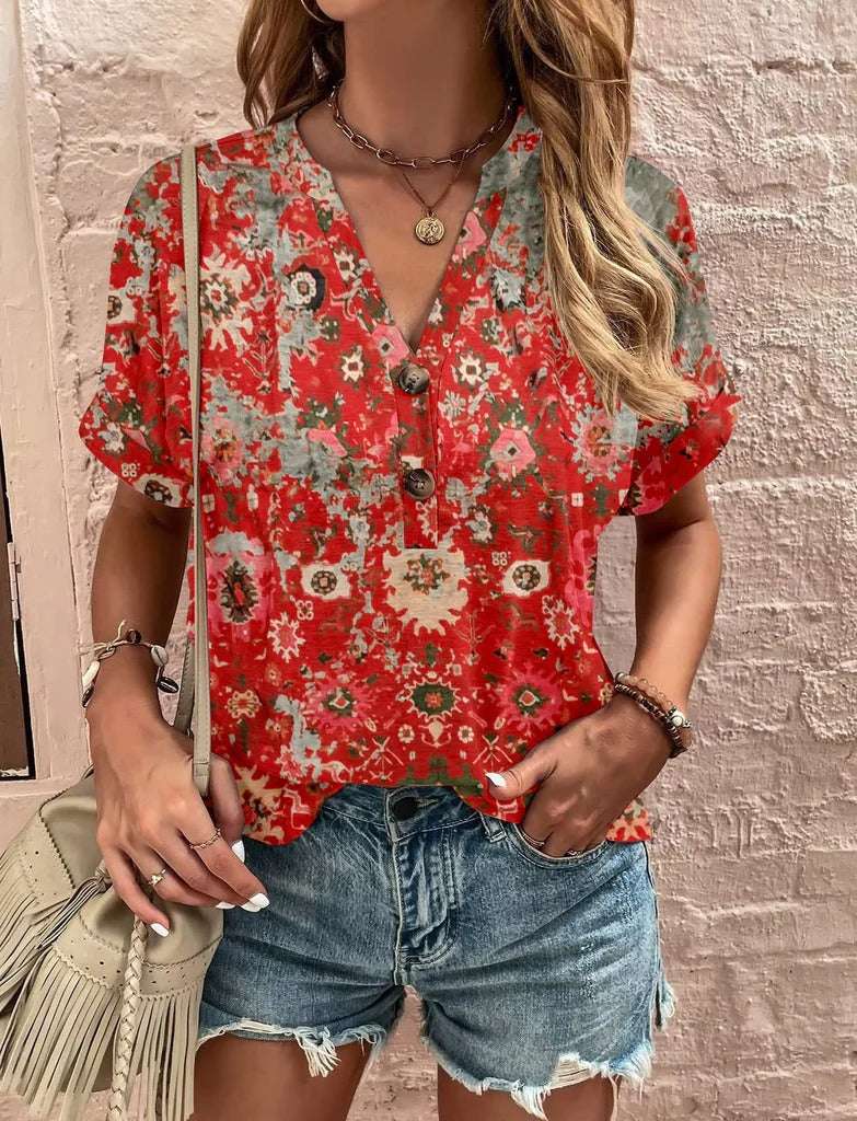 Women’s Shirt – Relaxed Fit – Short Sleeve – V-Neck – Floral Pattern – Soft Blend