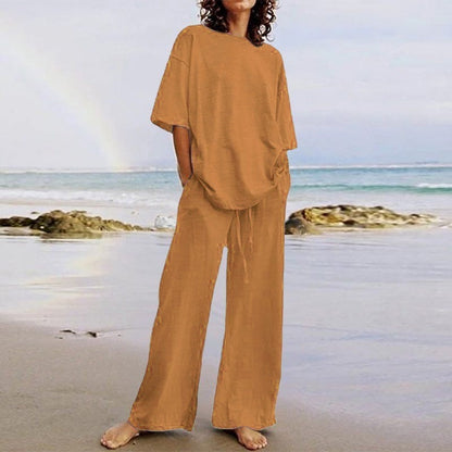 Women’s Two-Piece Set – Relaxed Fit Cotton Blend – O-Neck Top – Wide-Leg Trousers with Pockets