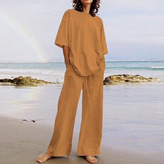 Women’s Two-Piece Set – Relaxed Fit Cotton Blend – O-Neck Top – Wide-Leg Trousers with Pockets