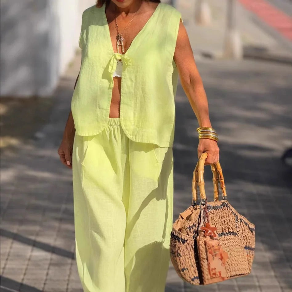 Women’s Two-Piece Set – Relaxed Fit – V-Neck Tie Top – Wide-Leg Trousers