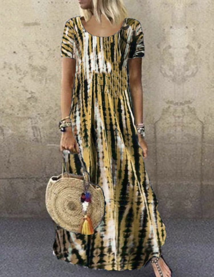 Women’s Maxi Dress – Tie-Dye Print – Loose Fit – Short Sleeve – Soft Cotton Feel