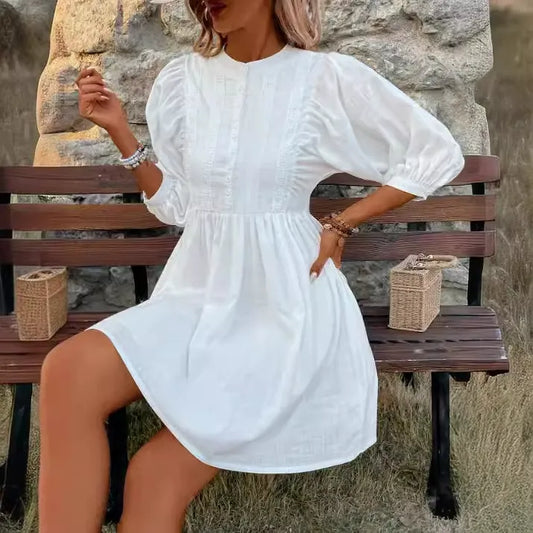 Women’s Knee-Length Dress – Cotton Blend – A-Line Fit – Lace Front – Puff Sleeve – High Neck