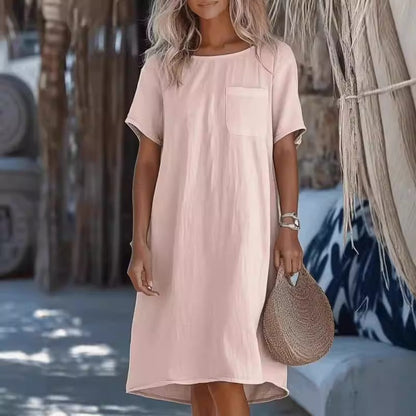Women’s Midi Dress – Relaxed Fit – Cotton Linen – Round Neck – Short Sleeve – Chest Pocket