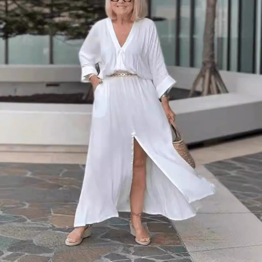 Women’s Maxi Dress – Flowy Fit – V-Neck – Long Sleeve – Front Slit