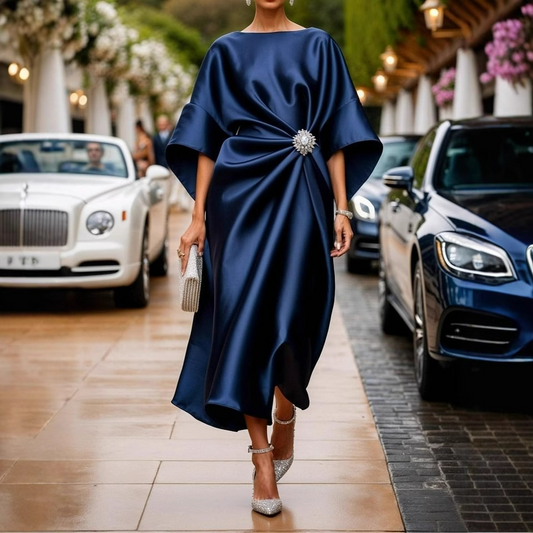 Women’s Midi Dress – Satin Finish – Relaxed Fit – Draped Design – Brooch Detail