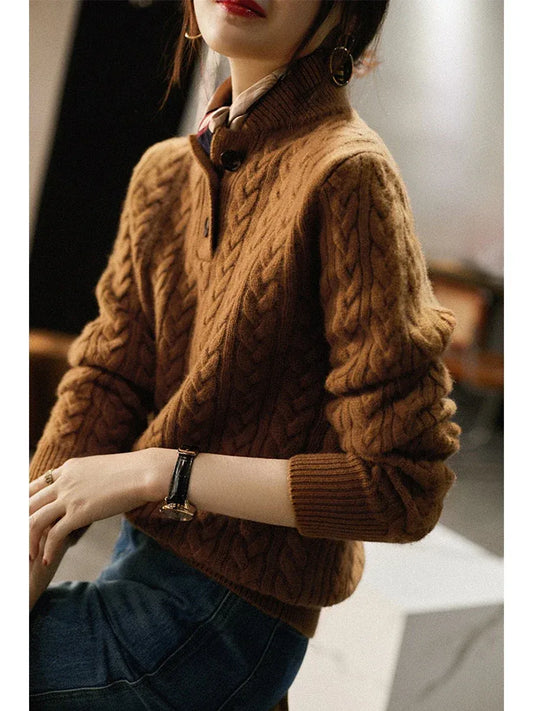 Women’s Sweatshirt – Relaxed Fit – Wool Knit – Cable Pattern – Half-Zip Stand Collar