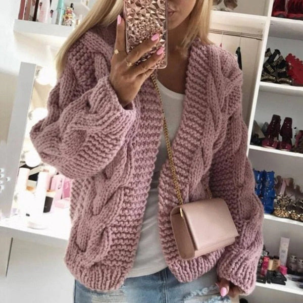 Women’s Cardigan – Wool Knit – Chunky Cable Pattern – Open Front – Long Sleeve Relaxed Fit