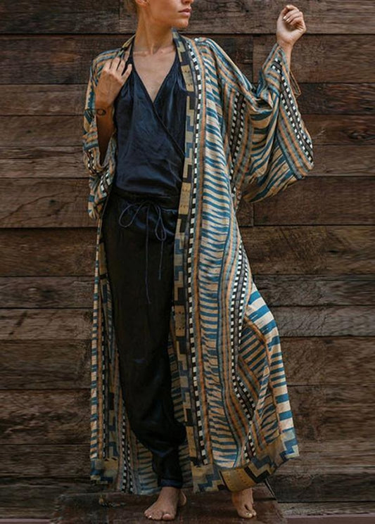Women’s Bohemian Dress – Geometric Print – Kimono Sleeve – Belted Waist – Full Length – Cotton
