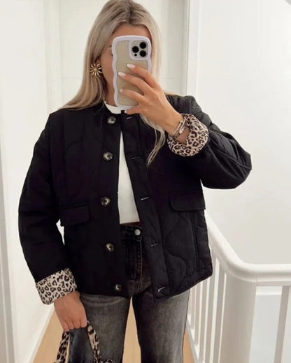 Women’s Quilted Jacket – Relaxed Fit – Leopard Lined Cuffs – Button Front – Hip Length