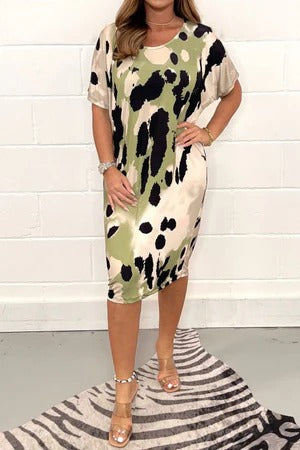 Women’s Midi Dress – Relaxed Fit – Lightweight Breathable – Watercolor Print – Short Sleeve