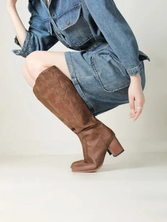 Women’s Cowboy Boots – Knee High – Suede Feel – Western Stitching – Rounded Toe Heel