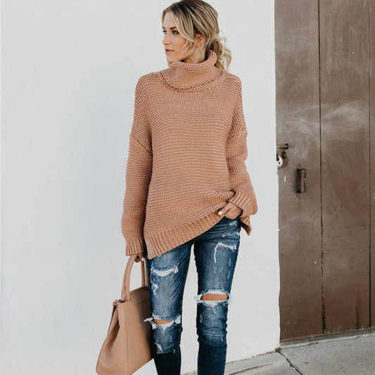 Women’s Knitted Sweater – Relaxed Fit – Chunky Wool Blend – Turtleneck Ribbed Trim