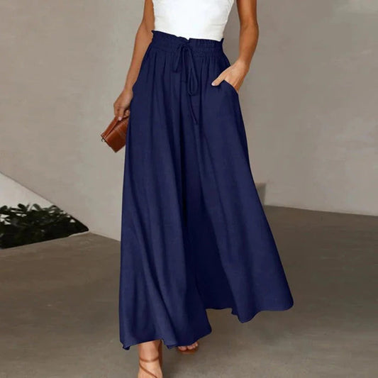 Women’s Wide Leg Trousers – High Waist – Cotton Feel – Drawstring – Full Length