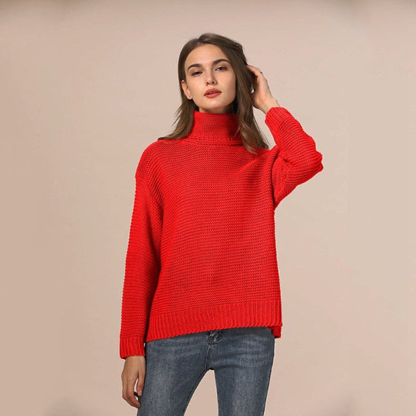 Women’s Knitted Sweater – Relaxed Fit – Chunky Wool Blend – Turtleneck Ribbed Trim
