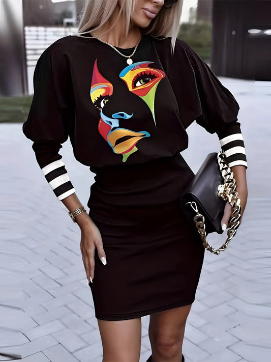 Women’s Mini Dress – Relaxed Fit – Abstract Graphic – Long Sleeve Cotton Casual Wear