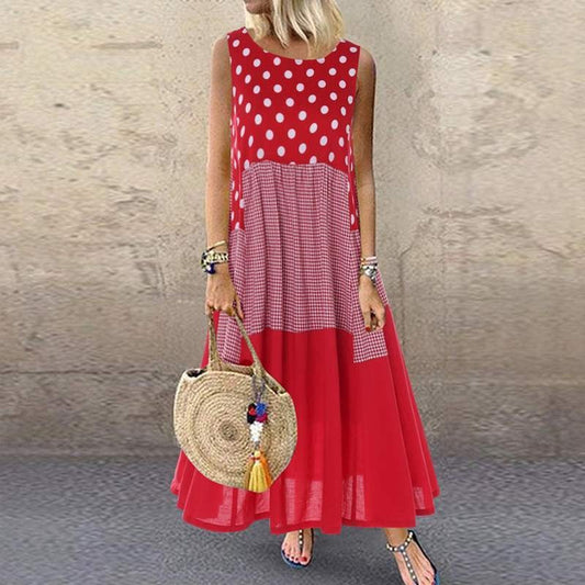 Women’s Maxi Dress – A-Line Fit – Sleeveless – Cotton – Mixed Polka Dot & Check