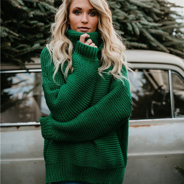Women’s Knitted Sweater – Relaxed Fit – Chunky Wool Blend – Turtleneck Ribbed Trim