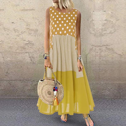 Women’s Maxi Dress – A-Line Fit – Sleeveless – Cotton – Mixed Polka Dot & Check