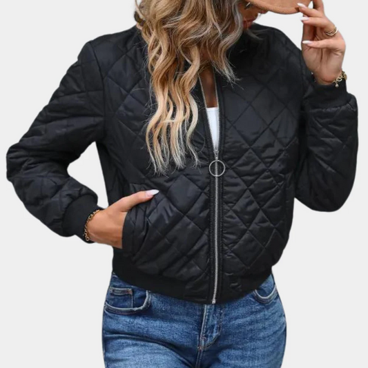 Women’s Bomber Jacket – Quilted Diamond Design – Relaxed Fit – Ribbed Trim – Zip Front