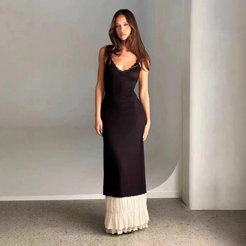 Women’s Maxi Dress – Slim Fit – Lace Trim Neckline – Tiered Ruffle Hem – Sleeveless