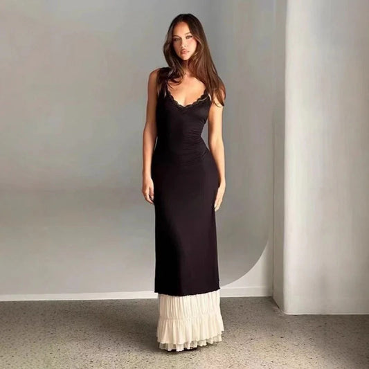 Women’s Maxi Dress – Slim Fit – Lace Trim Neckline – Tiered Ruffle Hem – Sleeveless